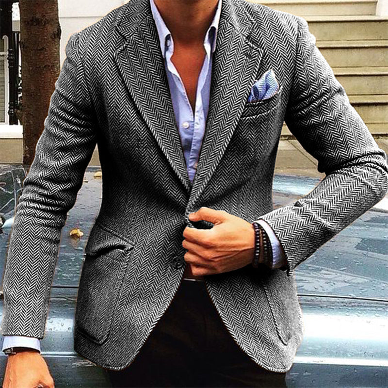 Men's Vintage Herringbone Wool Blend Lapel Single Breasted Blazer