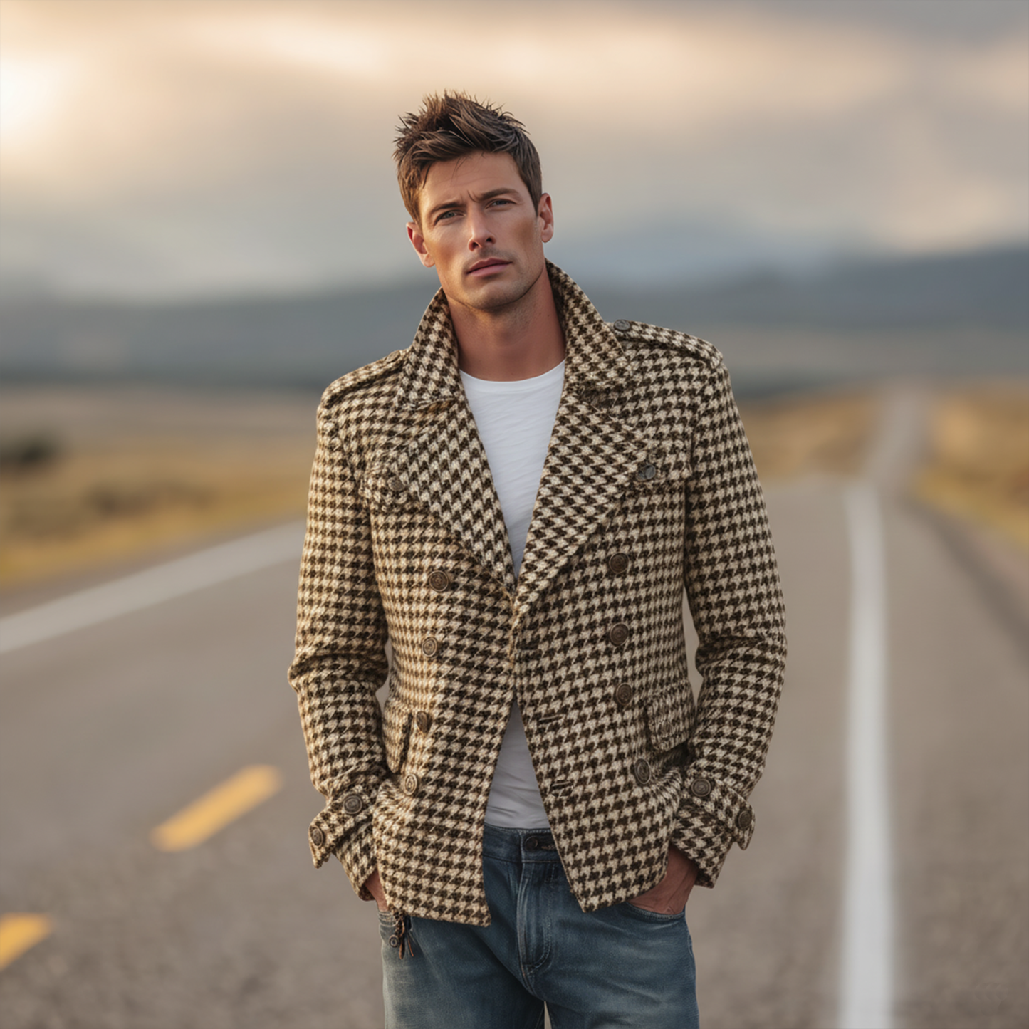 Men's Classic Retro Lapel Houndstooth Wool Double-breasted Jacket