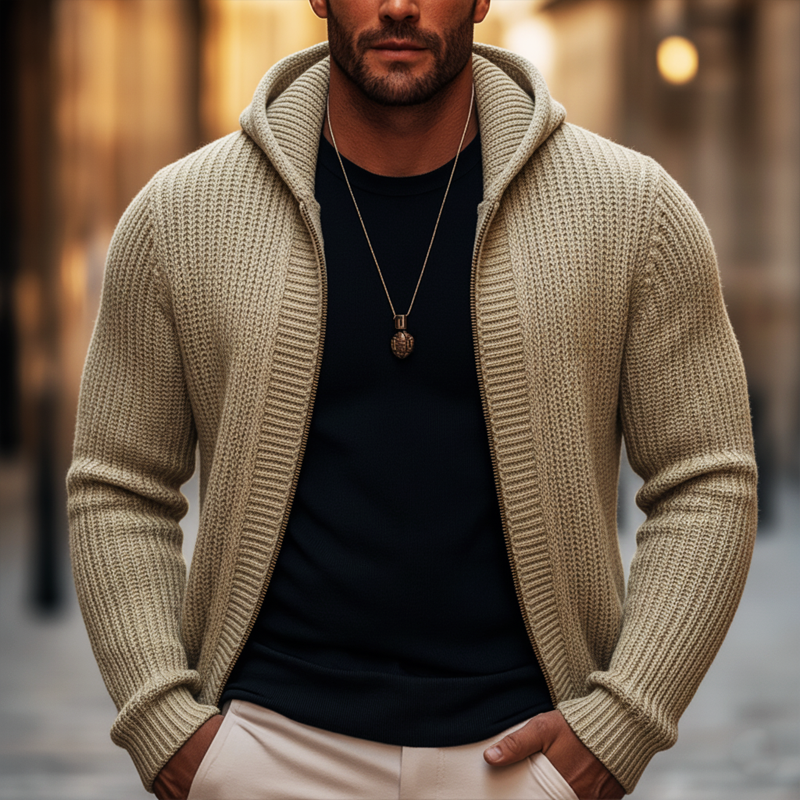 Men's Basic Solid Color Slim Fit Hooded Zip-up Knit Cardigan