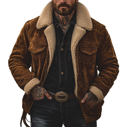 Men's Retro Solid Color Corduroy Lambswool Lining Warm Shorts Coat