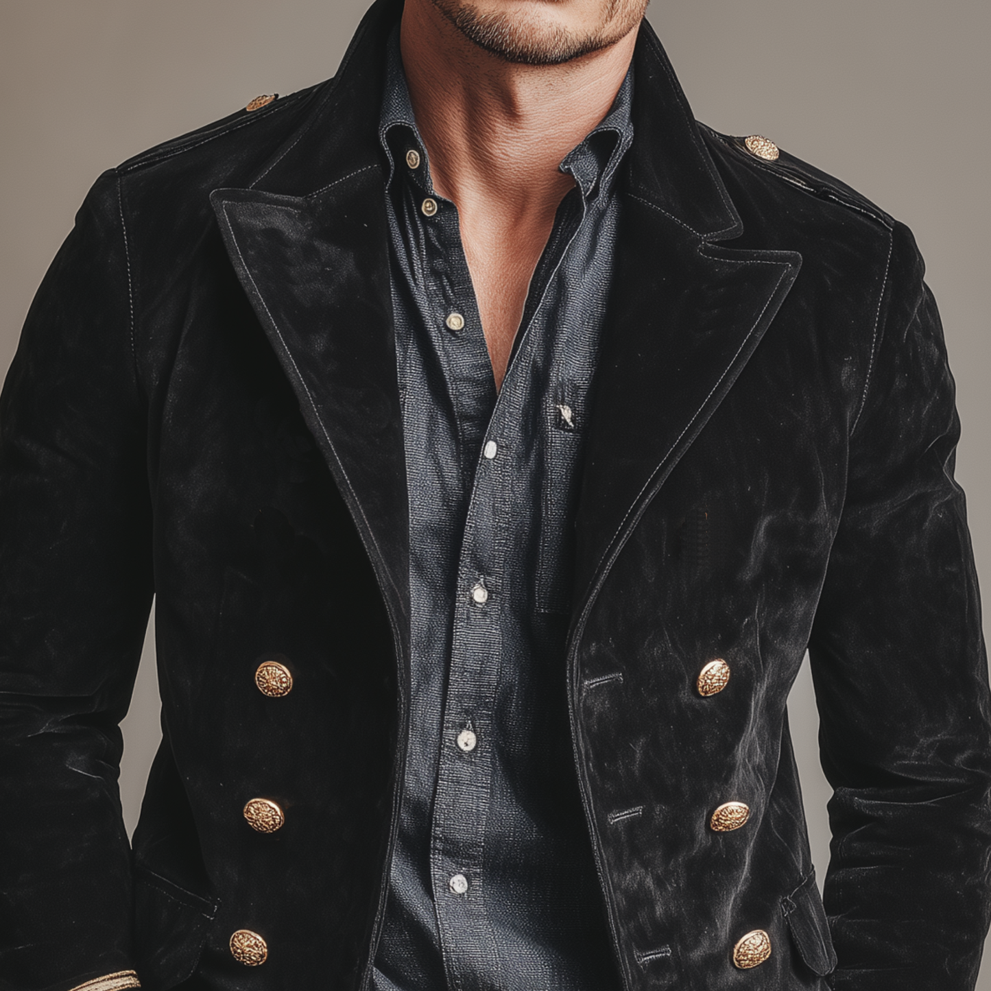Men's Classic Retro Lapel Double-breasted Epaulette Faux Velvet Jacket