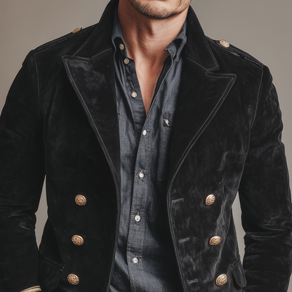 Men's Classic Retro Lapel Double-breasted Epaulette Faux Velvet Jacket