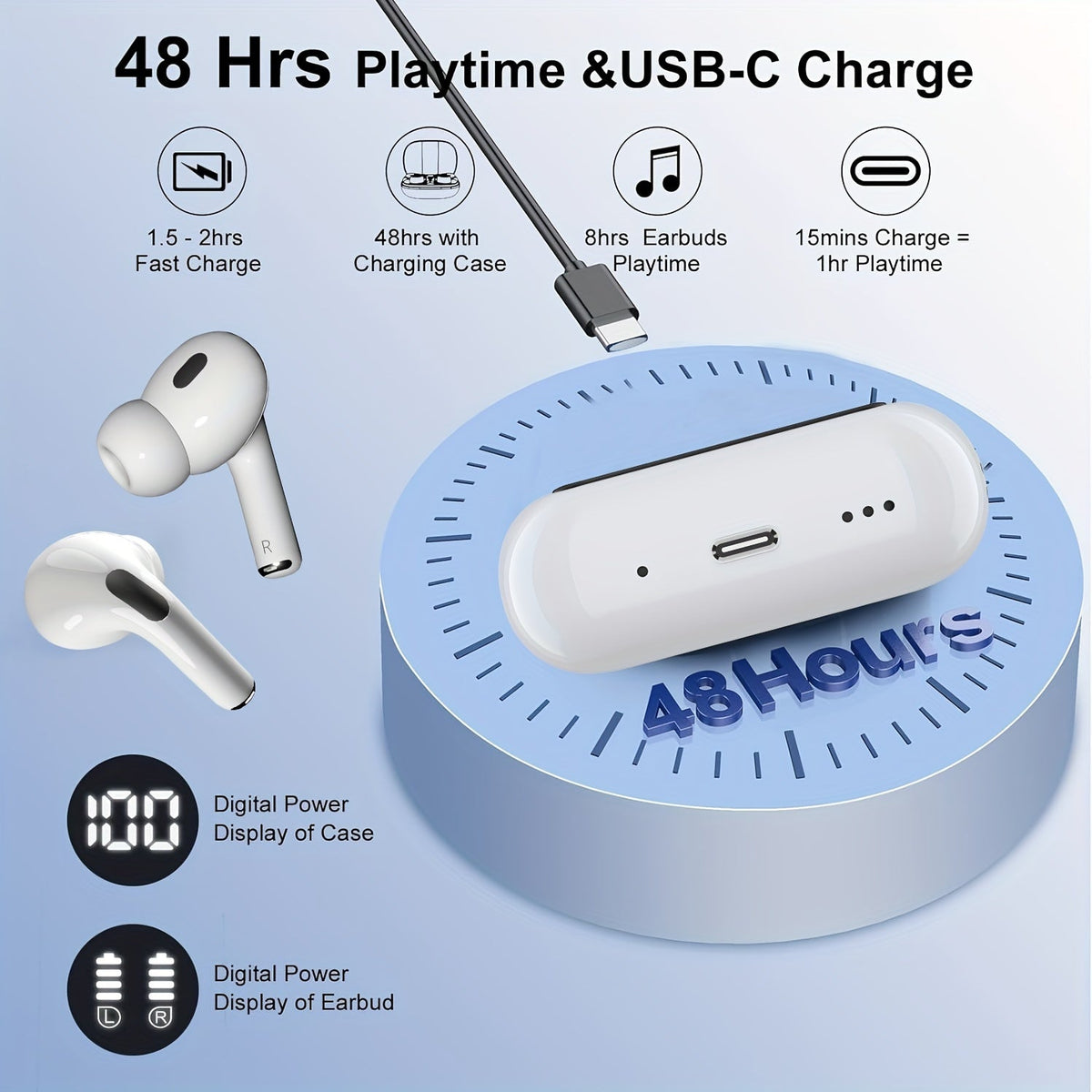 Smart Touch Screen Wireless  Earbuds, True Wireless Earphones Noise Cancelling Earbud