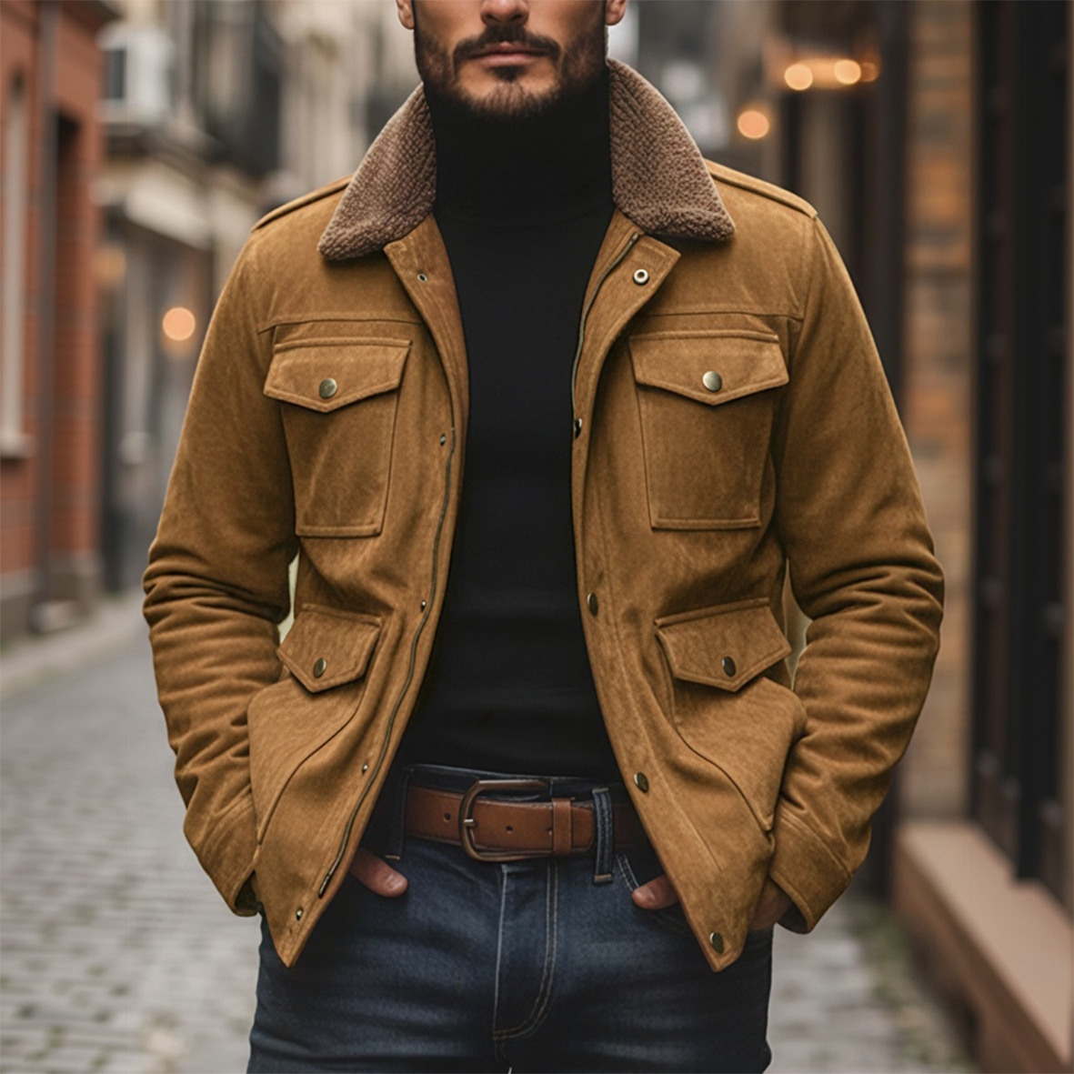 Men's Vintage Suede Fleece Collar Patchwork Multi-Pocket Zipper Coat