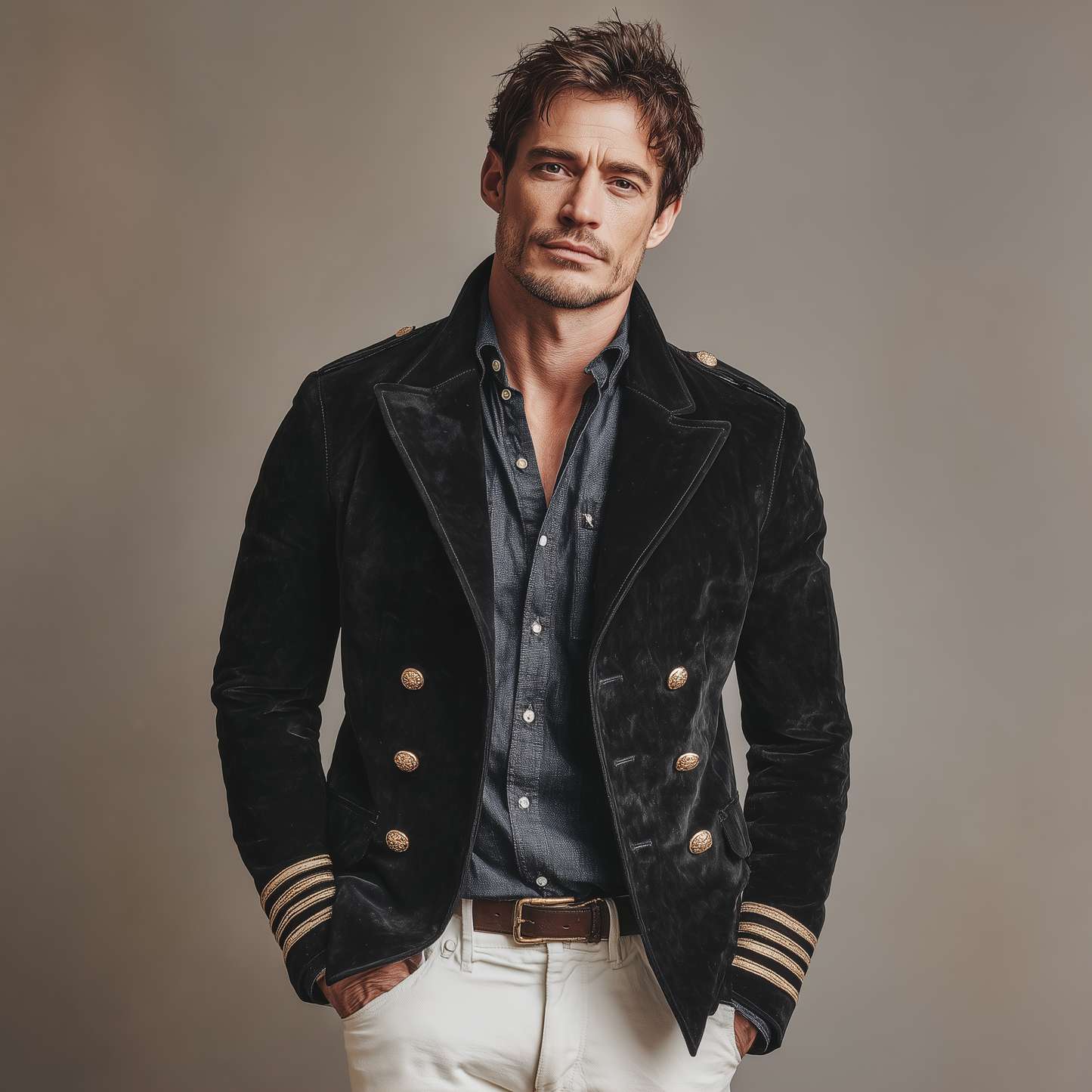 Men's Classic Retro Lapel Double-breasted Epaulette Faux Velvet Jacket