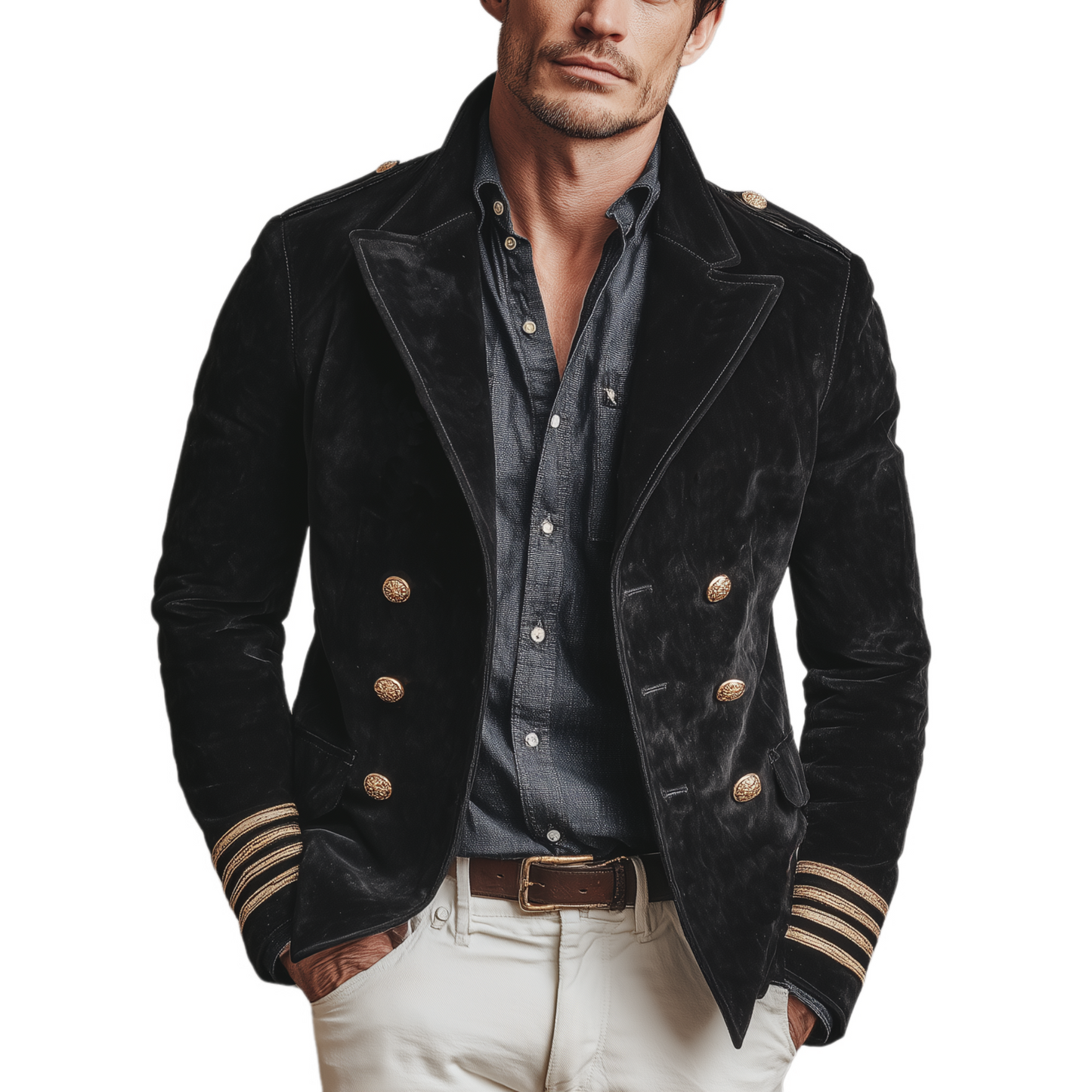 Men's Classic Retro Lapel Double-breasted Epaulette Faux Velvet Jacket