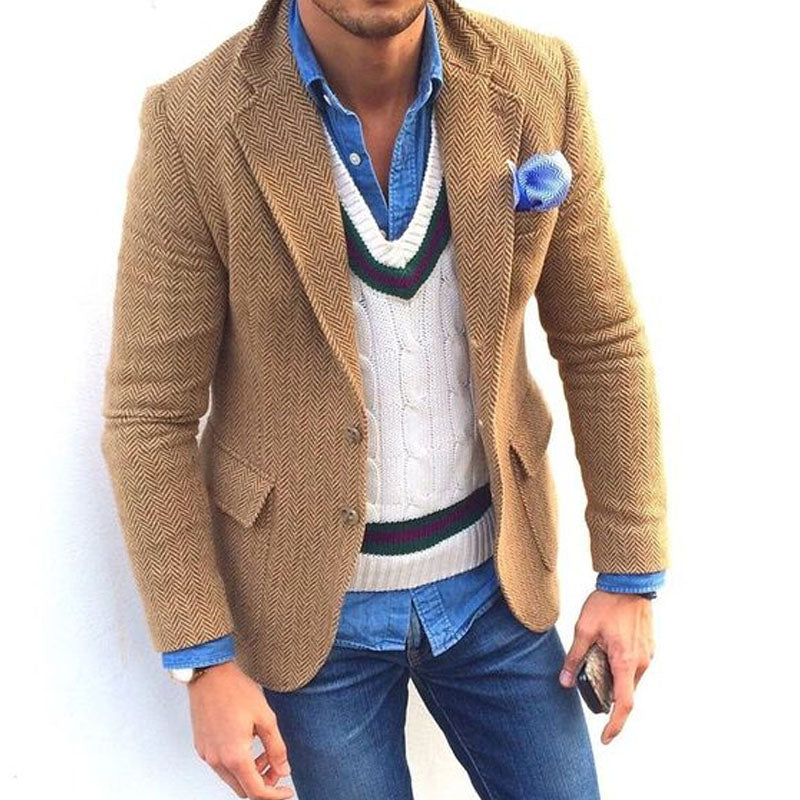 Men's Vintage Herringbone Wool Blend Lapel Single Breasted Blazer