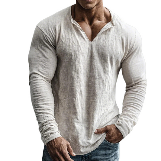 Men's Retro Casual Cotton Linen V-Neck Long-Sleeve Shirt