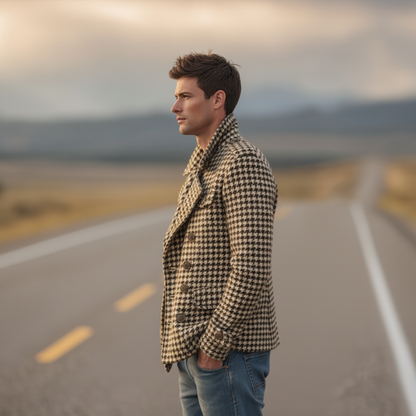 Men's Classic Retro Lapel Houndstooth Wool Double-breasted Jacket