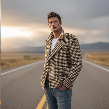 Men's Classic Retro Lapel Houndstooth Wool Double-breasted Jacket