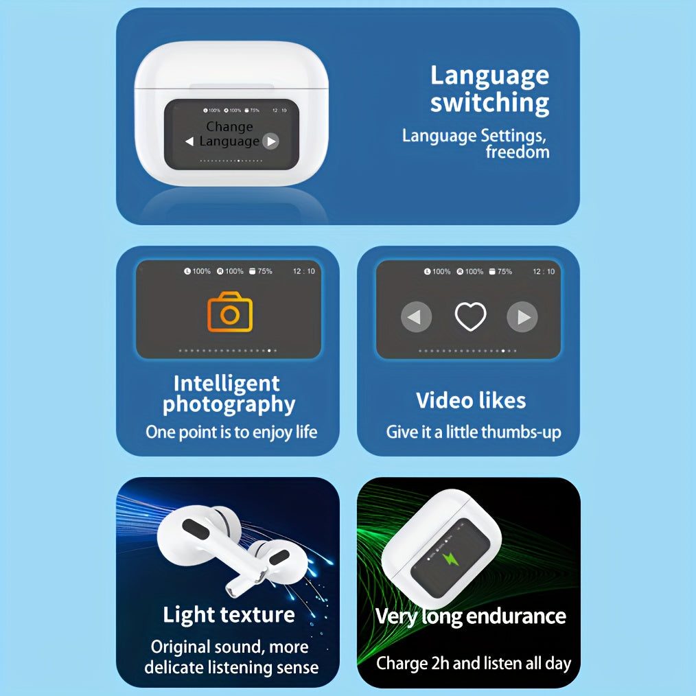 Smart Touch Screen Wireless  Earbuds, True Wireless Earphones Noise Cancelling Earbud