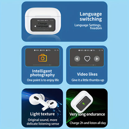 Smart Touch Screen Wireless  Earbuds, True Wireless Earphones Noise Cancelling Earbud