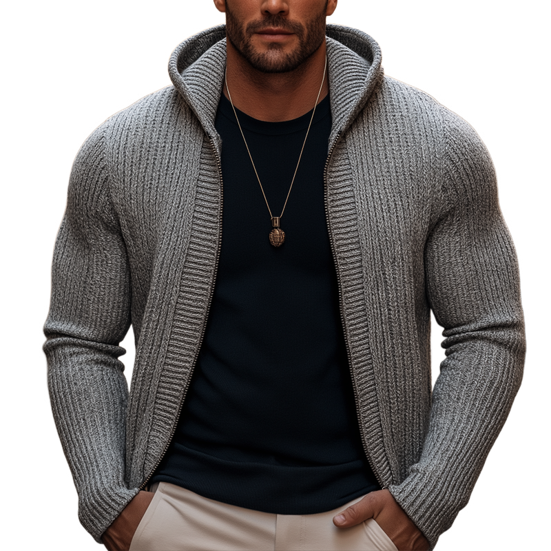 Men's Basic Solid Color Slim Fit Hooded Zip-up Knit Cardigan