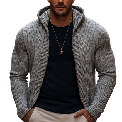 Men's Basic Solid Color Slim Fit Hooded Zip-up Knit Cardigan