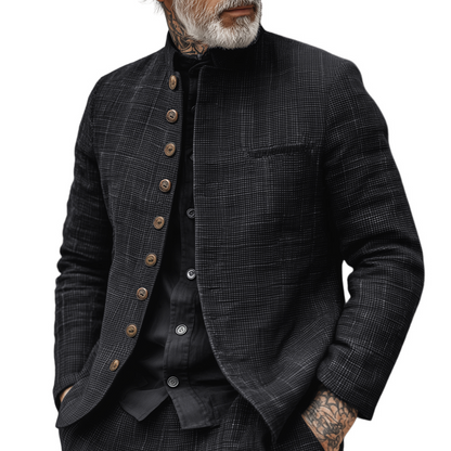 Men's Woven Textured Plaid Stand Collar Single-Breasted Jacket