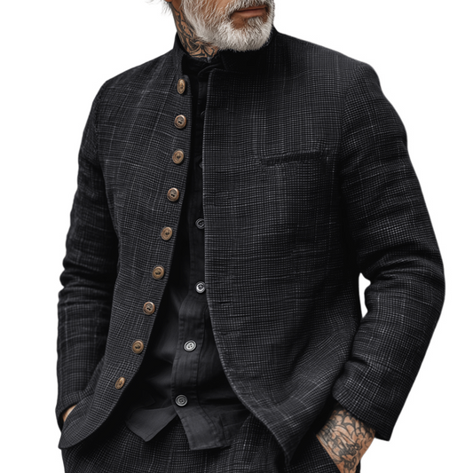 Men's Woven Textured Plaid Stand Collar Single-Breasted Jacket