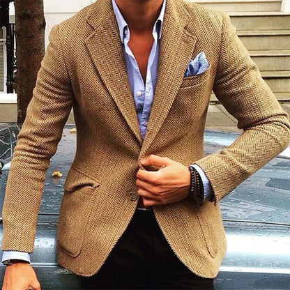 Men's Vintage Herringbone Wool Blend Lapel Single Breasted Blazer