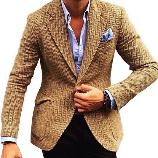 Men's Vintage Herringbone Wool Blend Lapel Single Breasted Blazer