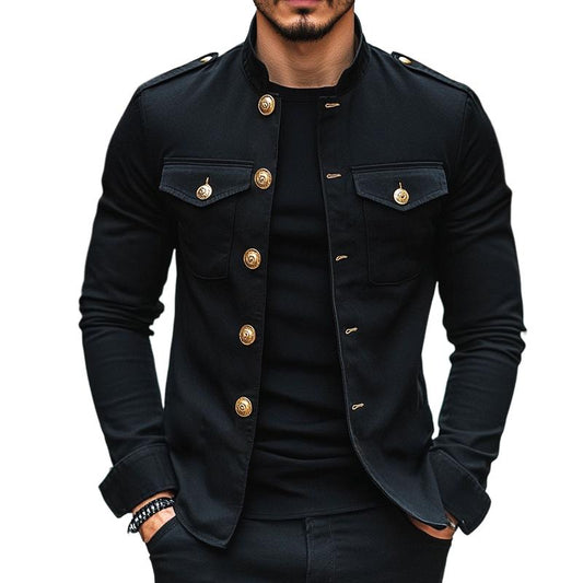 Men's Vintage Casual Solid Stand Collar Button Jacket