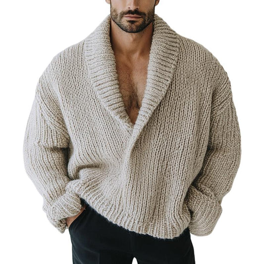 Men's Fashion Oversize Style Solid Color Lapel Long Sleeve Casual Knit Sweater