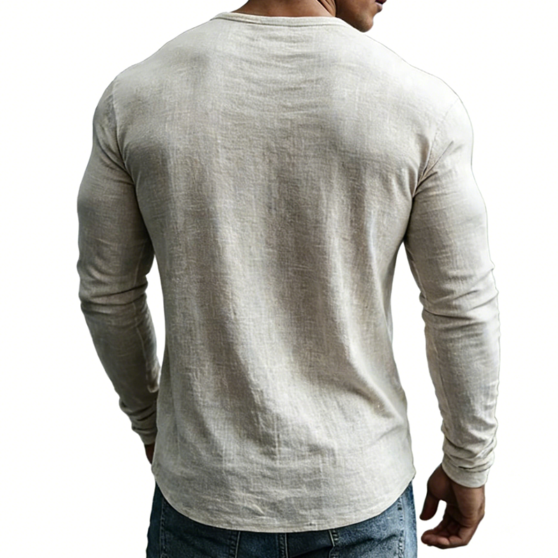 Men's Retro Casual Cotton Linen V-Neck Long-Sleeve Shirt